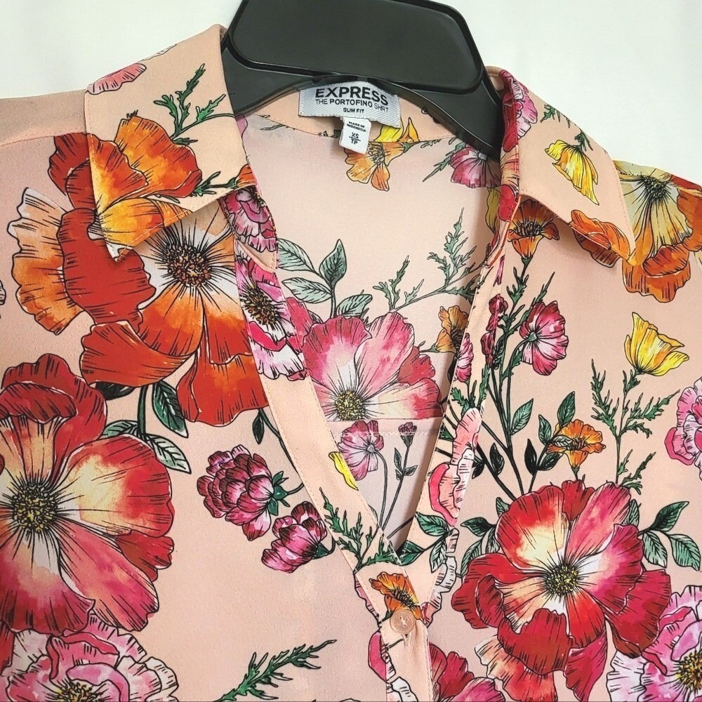 Express Womens Slim Fit Portofino Peach Floral Long Sleeve Chiffon Career Top XS - Picture 2 of 7